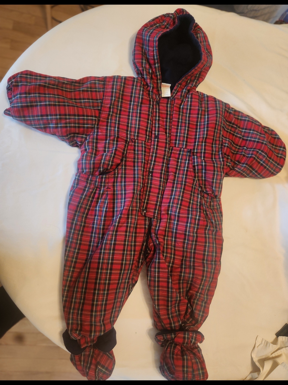 Absorba Paris Brand - Vintage Red and Green Plaid Hooded Baby Snowsuit  Size 24m